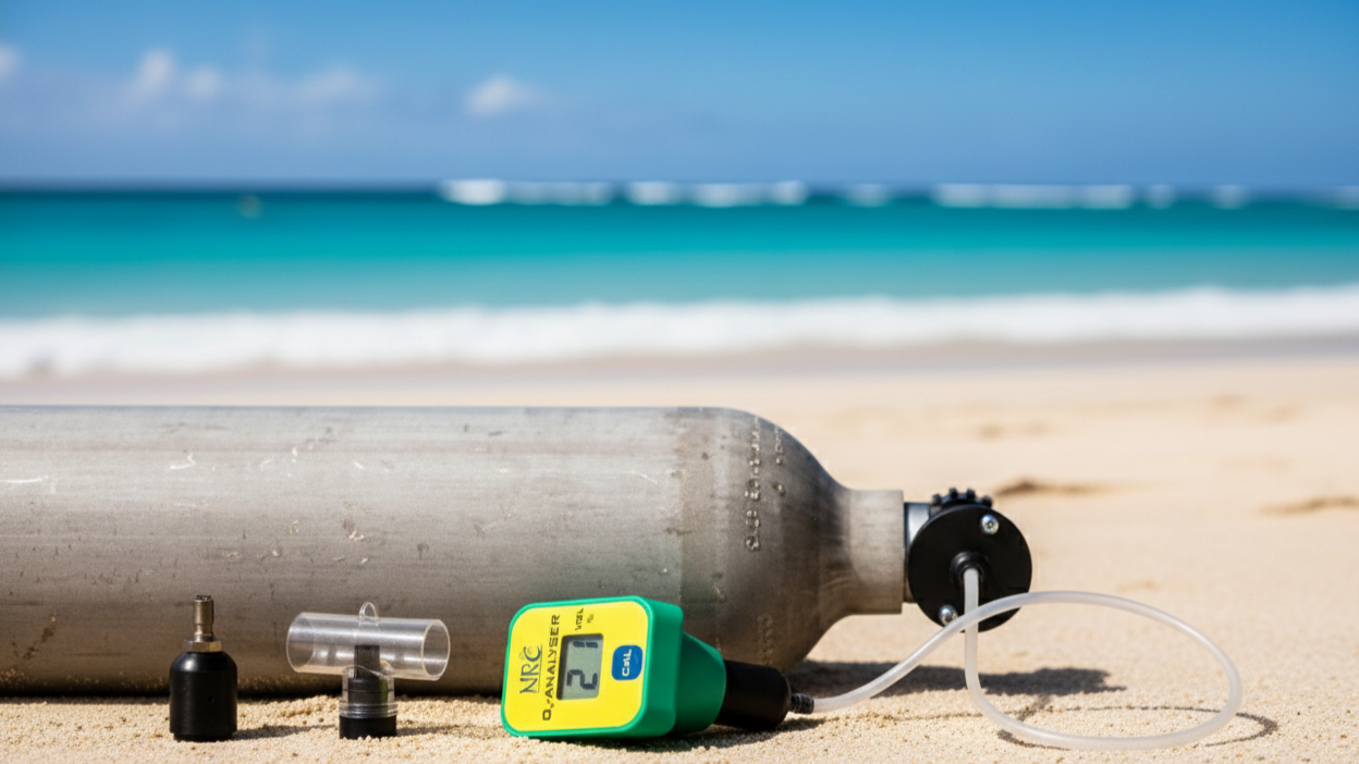 nrc oygen analyzer for dive operations with tank in beached with blue sky as a background