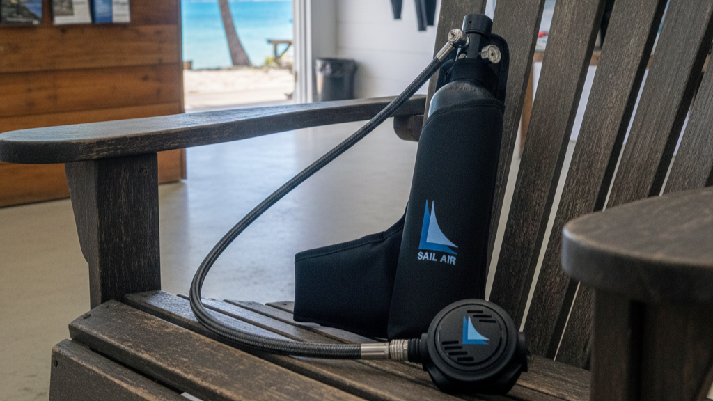 sail air above wood chair with dive center as a background