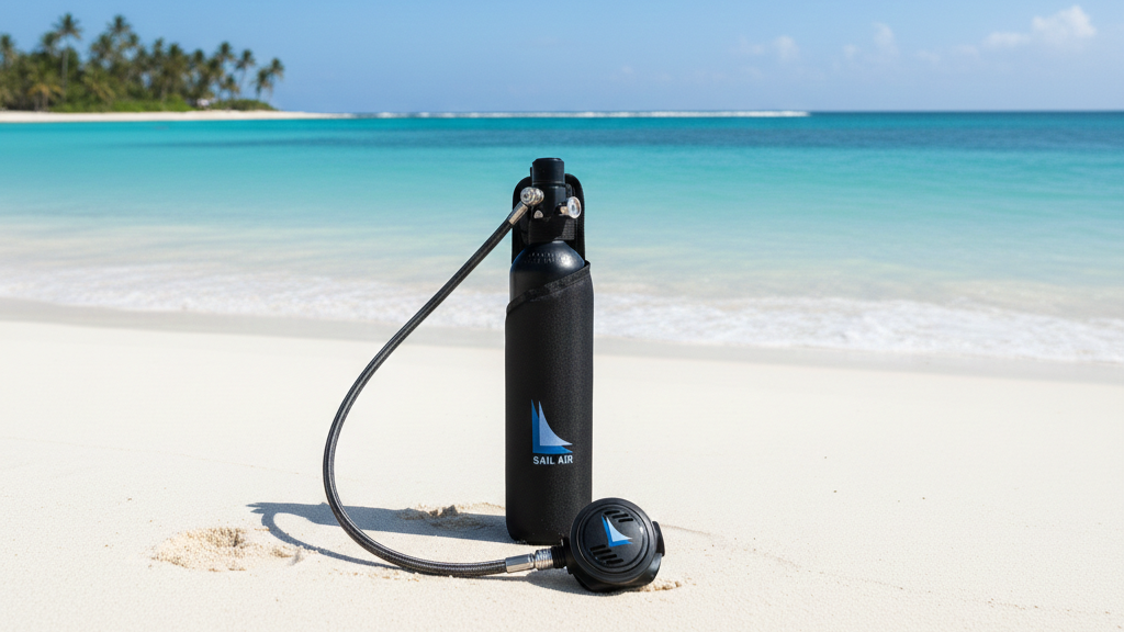 one sail air with the beach as a background