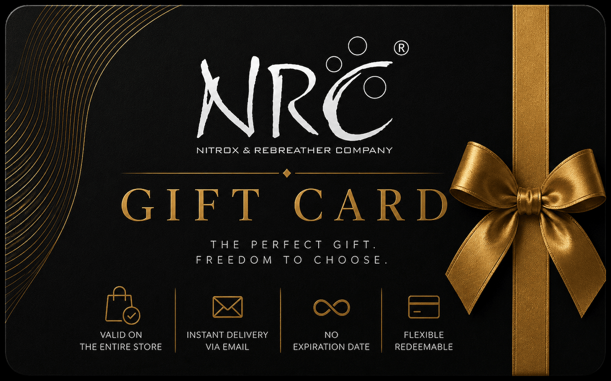 NRC Nitrox & Rebreather Company Gift Card with elegant black and gold premium design, gold ribbon and bow, redeemable for products in the NRC online store.
