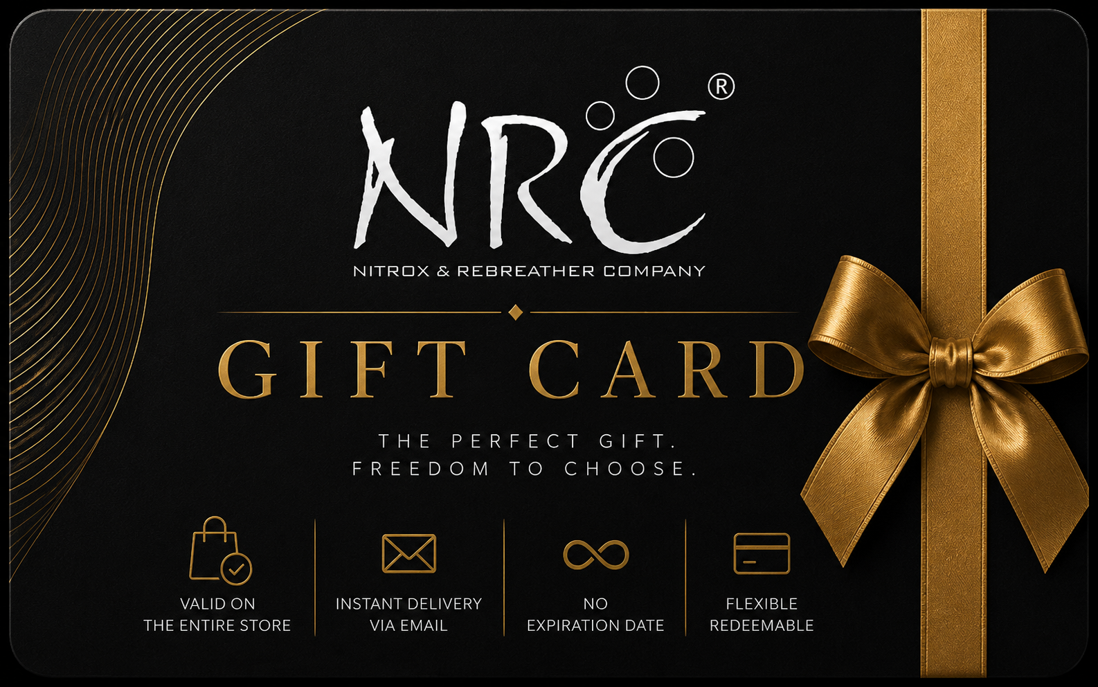 NRC Nitrox & Rebreather Company Gift Card with elegant black and gold premium design, gold ribbon and bow, redeemable for products in the NRC online store.