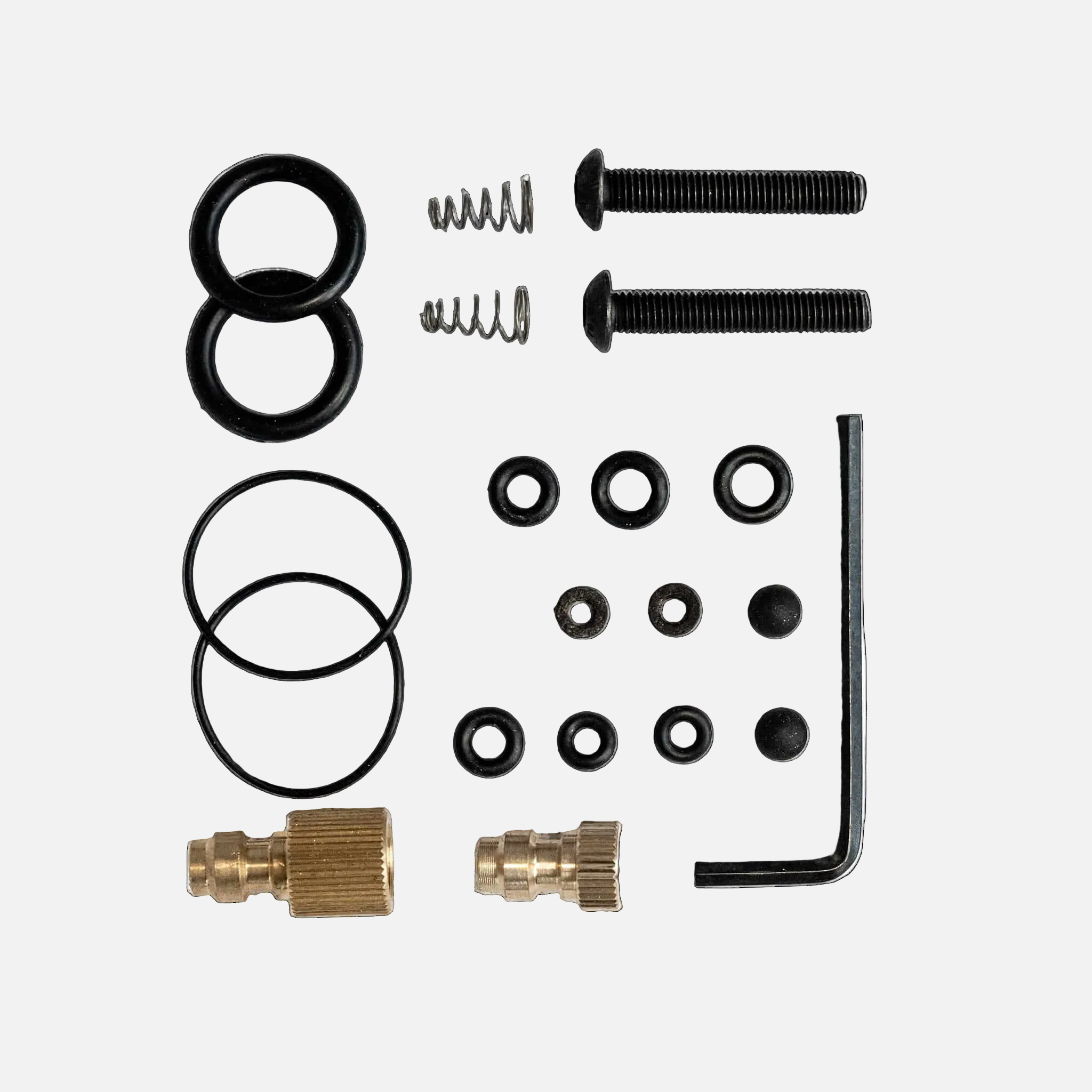 Sail Air replacement spare parts kit containing assorted O-rings, springs, machine screws, brass fittings, and a hex key.