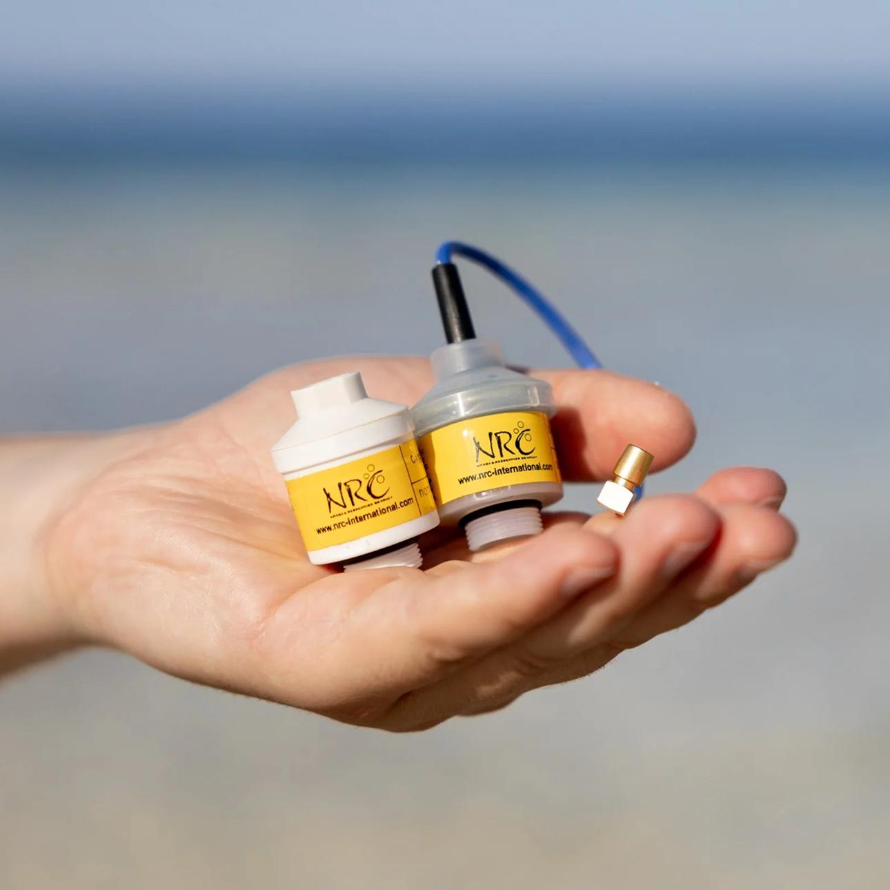 NRC oxygen sensors held in hand, used for accurate O₂ measurement in diving analyzers and rebreather systems.