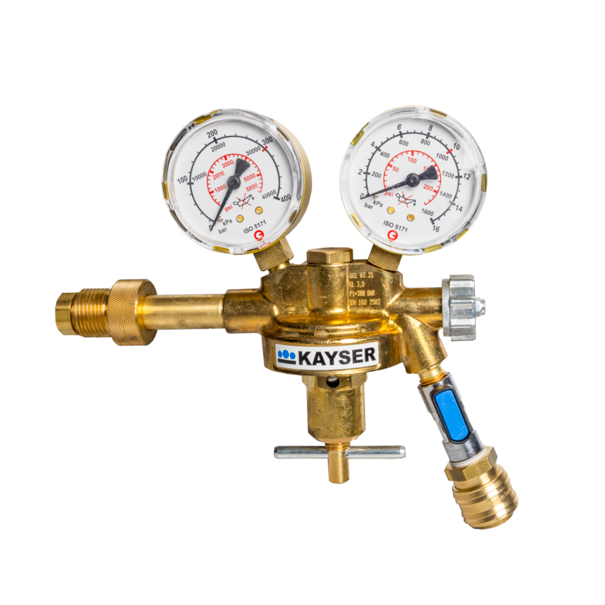 Pressure reducer G5/8 300 bar - 0-10 bar with NW 7.2 connection and ball valve